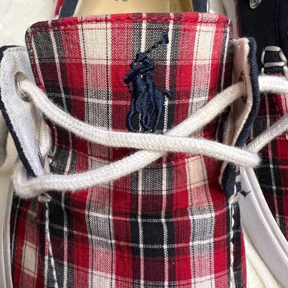Polo Ralph Lauren‎ Plaid Boat Shoes Casual Loafers Red White Blue Size 8D Mens